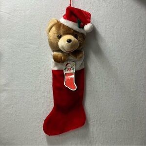 Vintage Plush 3D Teddy Bear Christmas Stocking 23" Holiday 90s